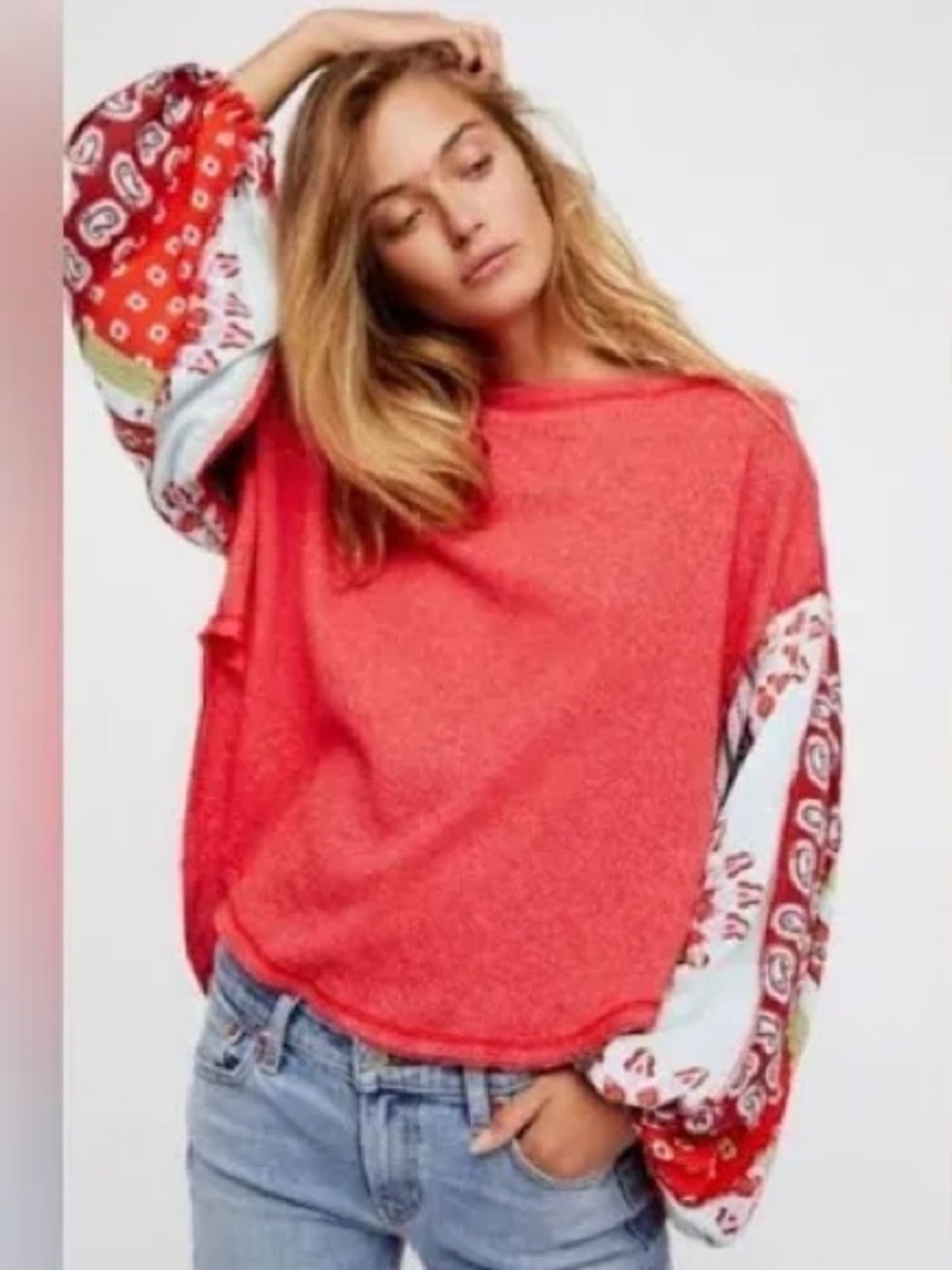 Free People We the Free Blossom Thermal Sweater with Paisley Balloon Sleeves